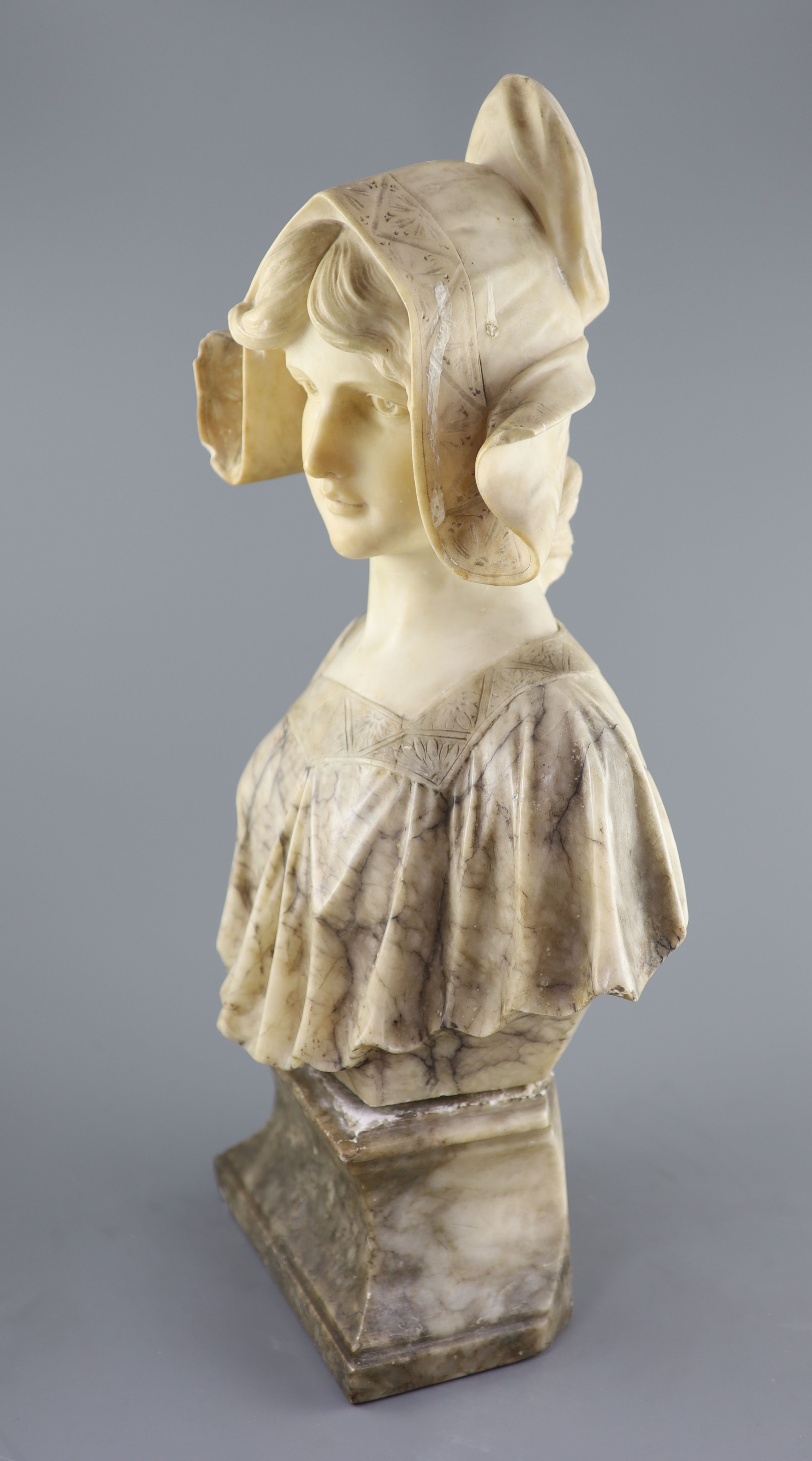 An Italian alabaster bust of a Dutch girl, 19th century 62cm high